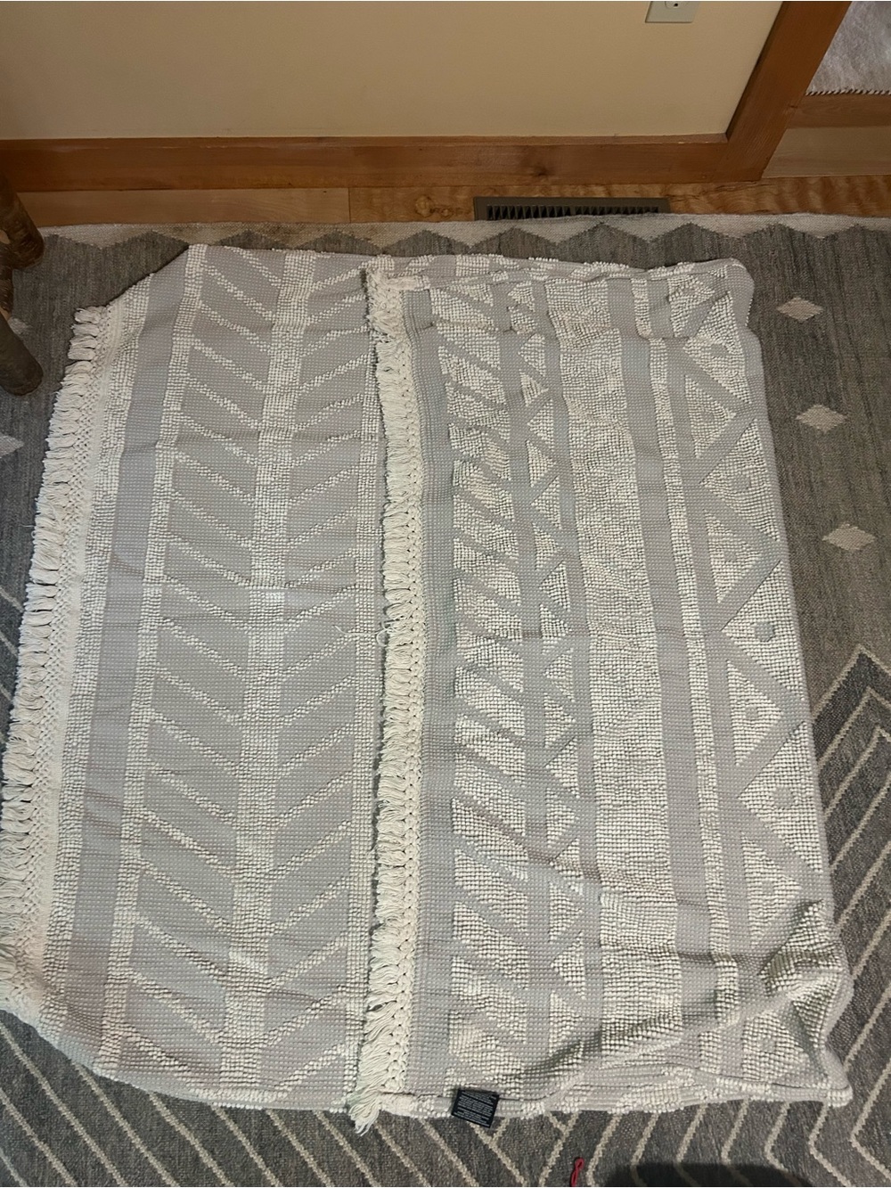 Neutral Light Grey + Soft White reversible Woven Throw Blanket with Fringe
